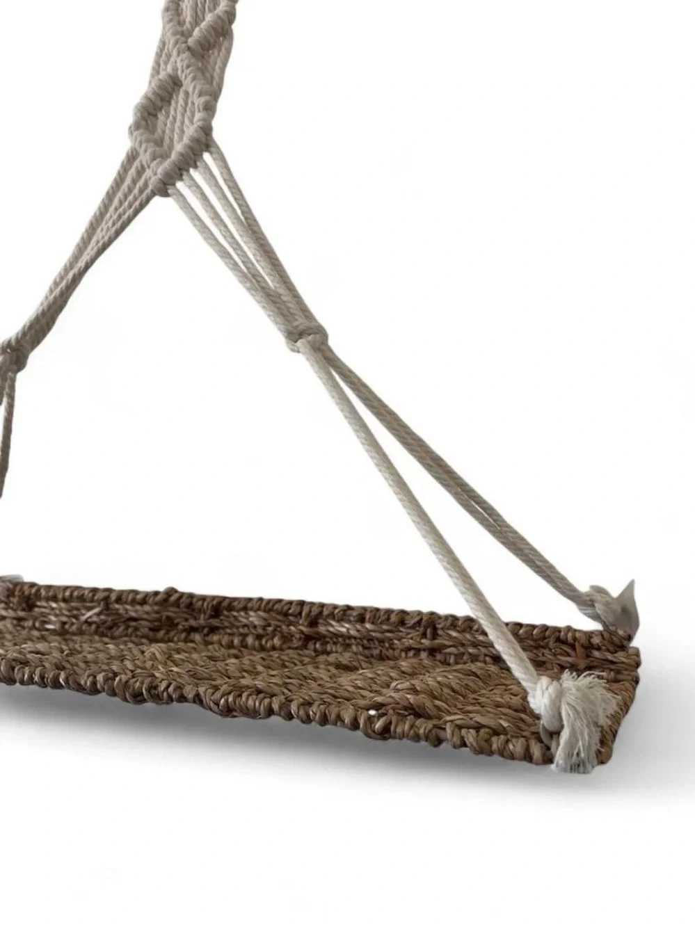 15” Rustic Boho Natural Seagrass Hanging Shelf Woven Cotton Triangular Macrame